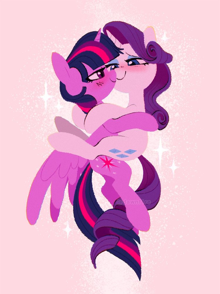 twilight sparkle and rarity are hugging and its very romantic