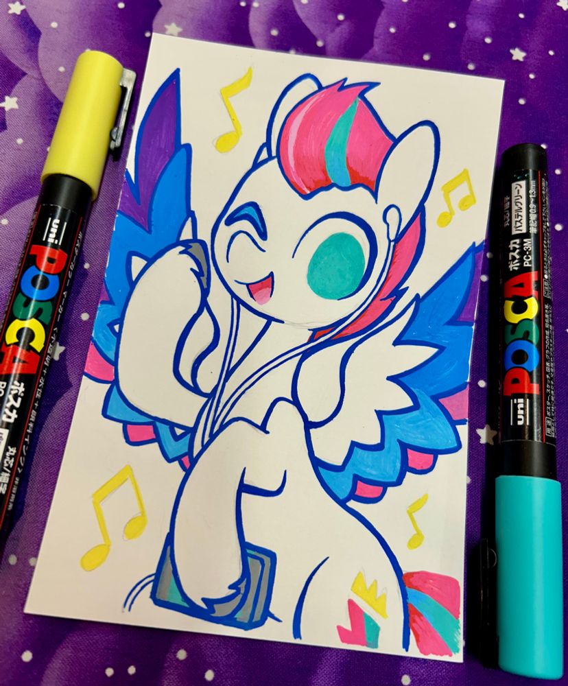 a posca marker artwork of Pipp Petals listening to music on earbuds.