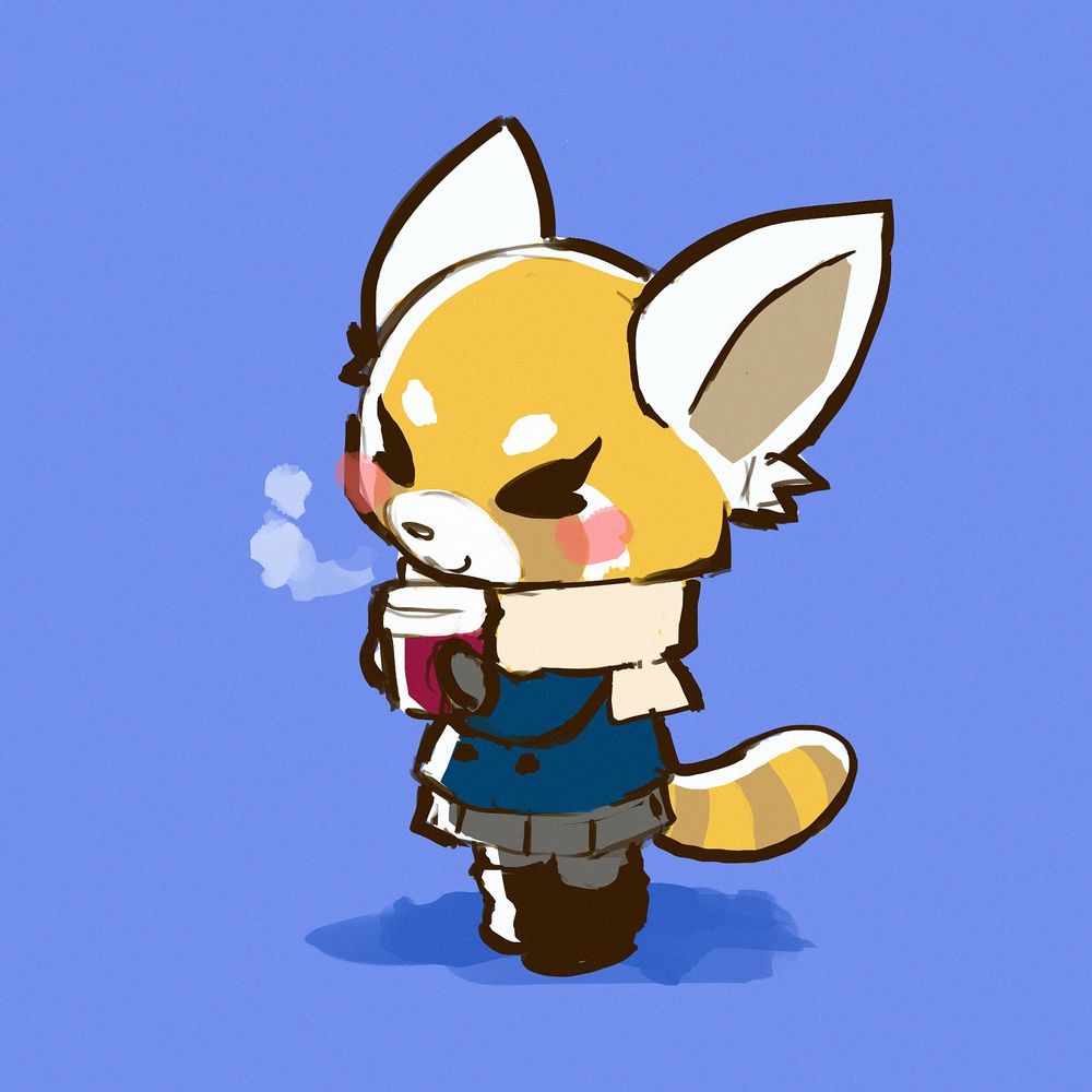 simple illustration of Retsuko from Aggretsuko in her winter outfit, clutching a cup of hot coffee.