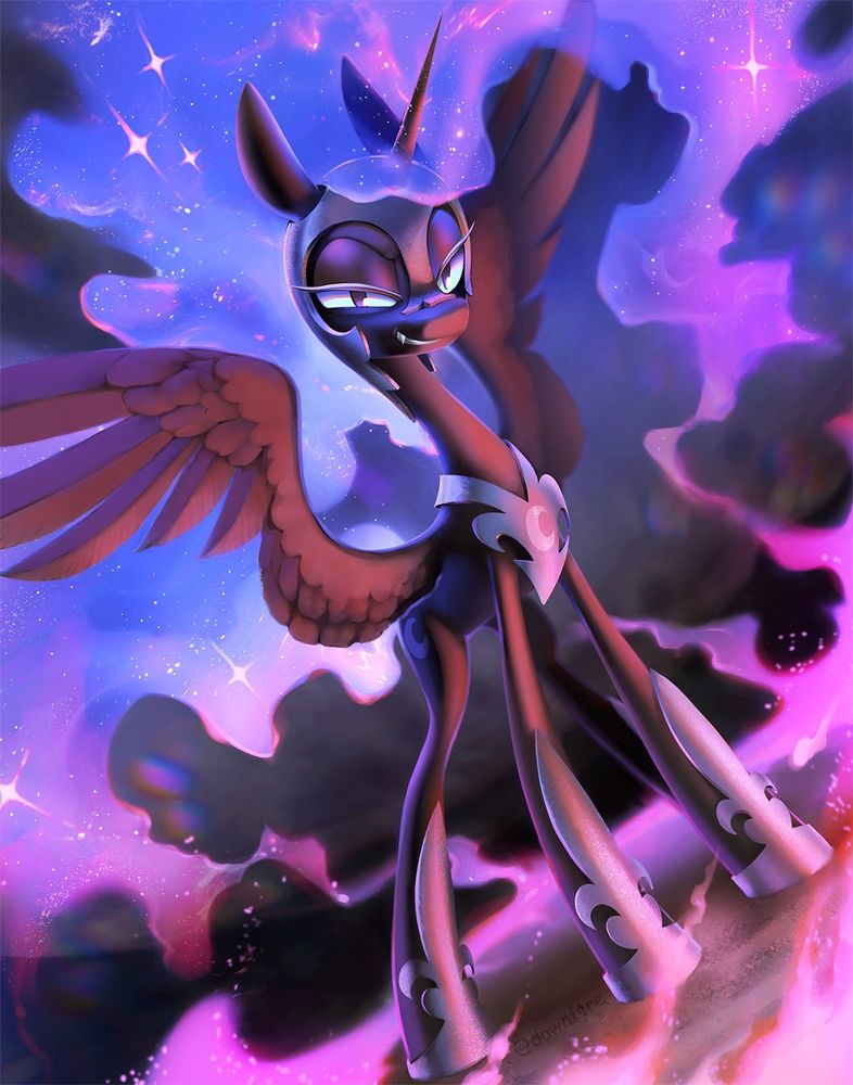 a digital illustration of Nightmare Moon from My Little Pony: Friendship is Magic. She is standing with her wings spread wide, bearing a sly expression, looking at the viewer. Her mane and tail are illustrated in shades of purple, pink and red, curling around her and forming a ring of "fire" on the ground around her feet.