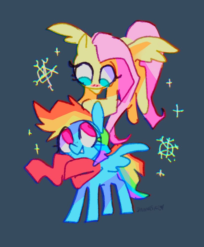 fluttershy and rainbow dash stay cozy in the cold in some scarves.