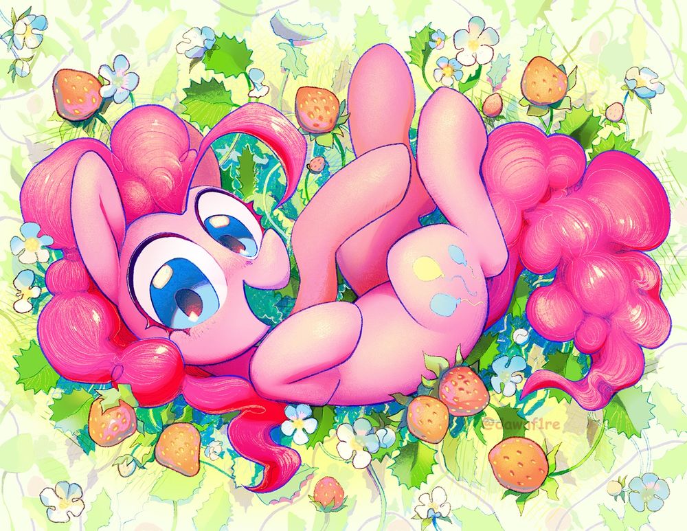 a digital artwork of Pinkie Pie sprawling in a strawberry plant.