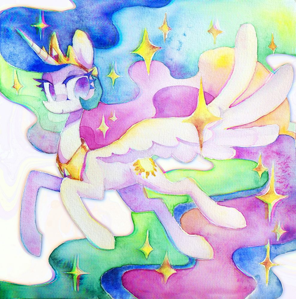watercolor & digital edit artwork of princess celestia, featuring some watercolor textures in her mane and tail, yellow sparkles and light chromatic aberration effects.