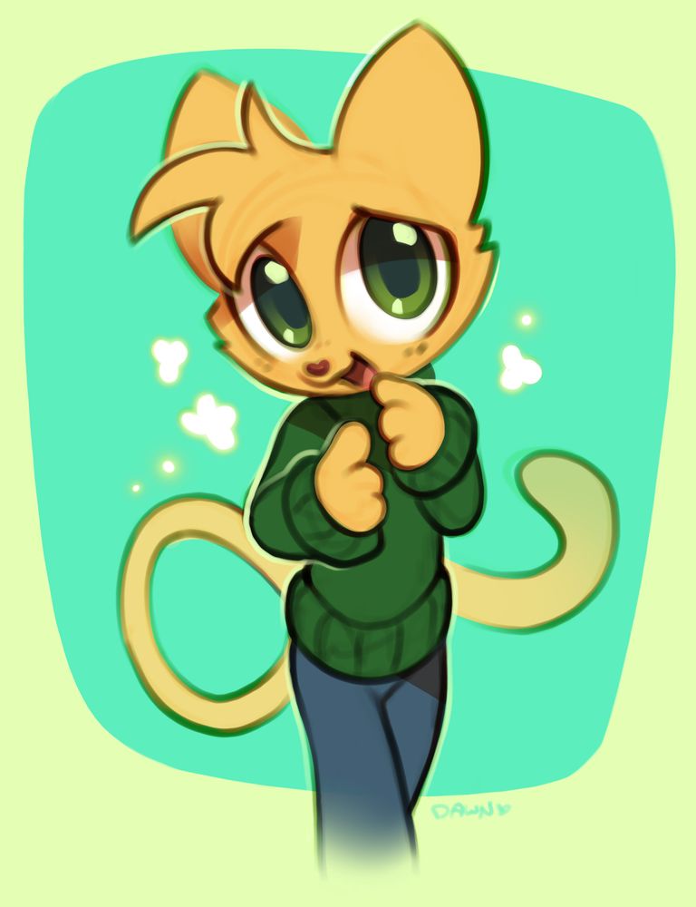 digital artwork of an orange anthropomorphic cat in a green sweater