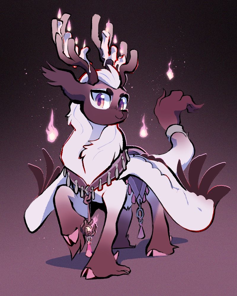 a digital illustration: a cream and brown colored fowldyr poses, wings held low at their sides. Small pinkish will-o-wisps dot the air around them.