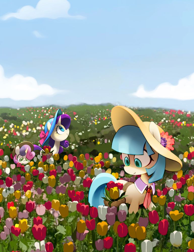 coco pommel, rarity and sweetie bell walk through a meadow of tulips.