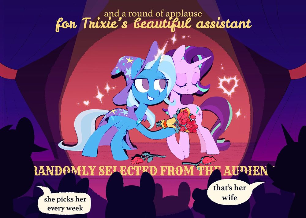 trixie puts on a magic show. her wife starlight glimmer joins her on the stage.