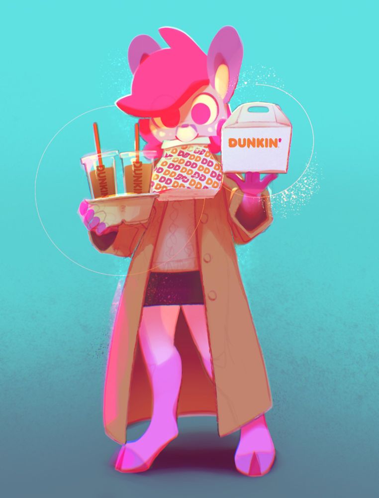 a pink and purple anthro deer in a short skirt and long jacket holds various dunkin' donuts treats