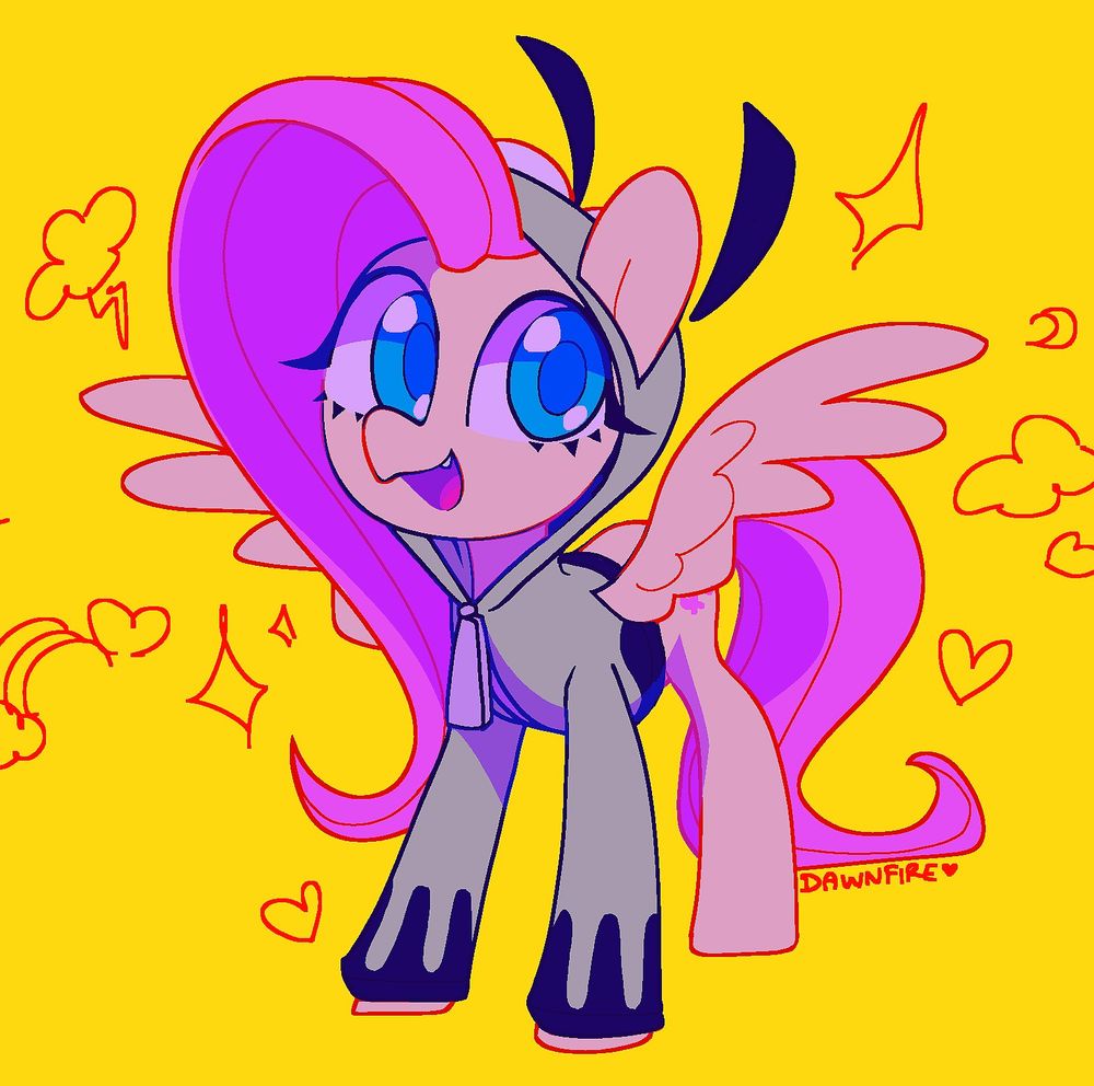 Fluttershy smiling at the viewer in a Gir hoodie, fanart for Vylet Pony's song Antonymph