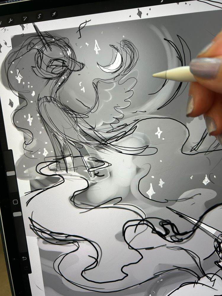 a greyscale digital sketch featuring princess luna and princess celestia
