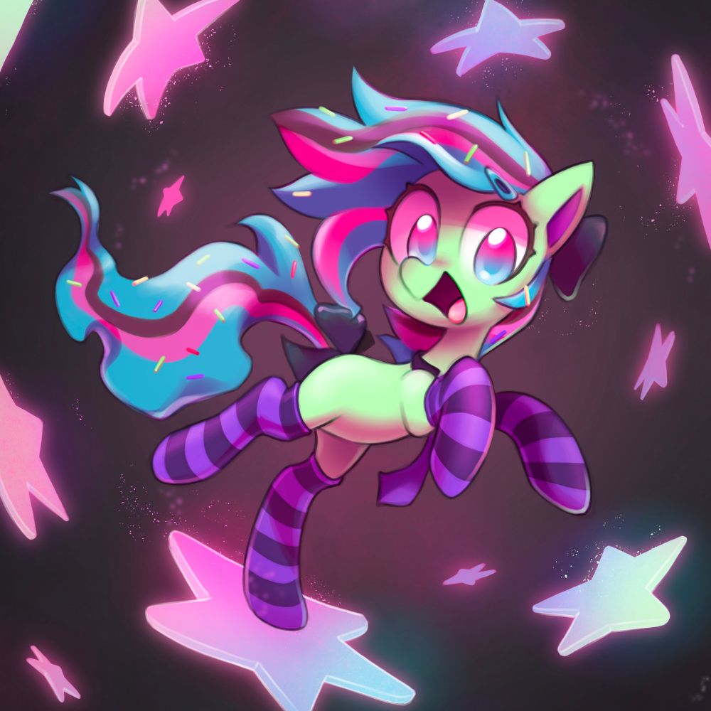 a happy pale green pony with pink, blue and brown hair, wearing purple striped stockings, prancing in a sea of glowing stars.