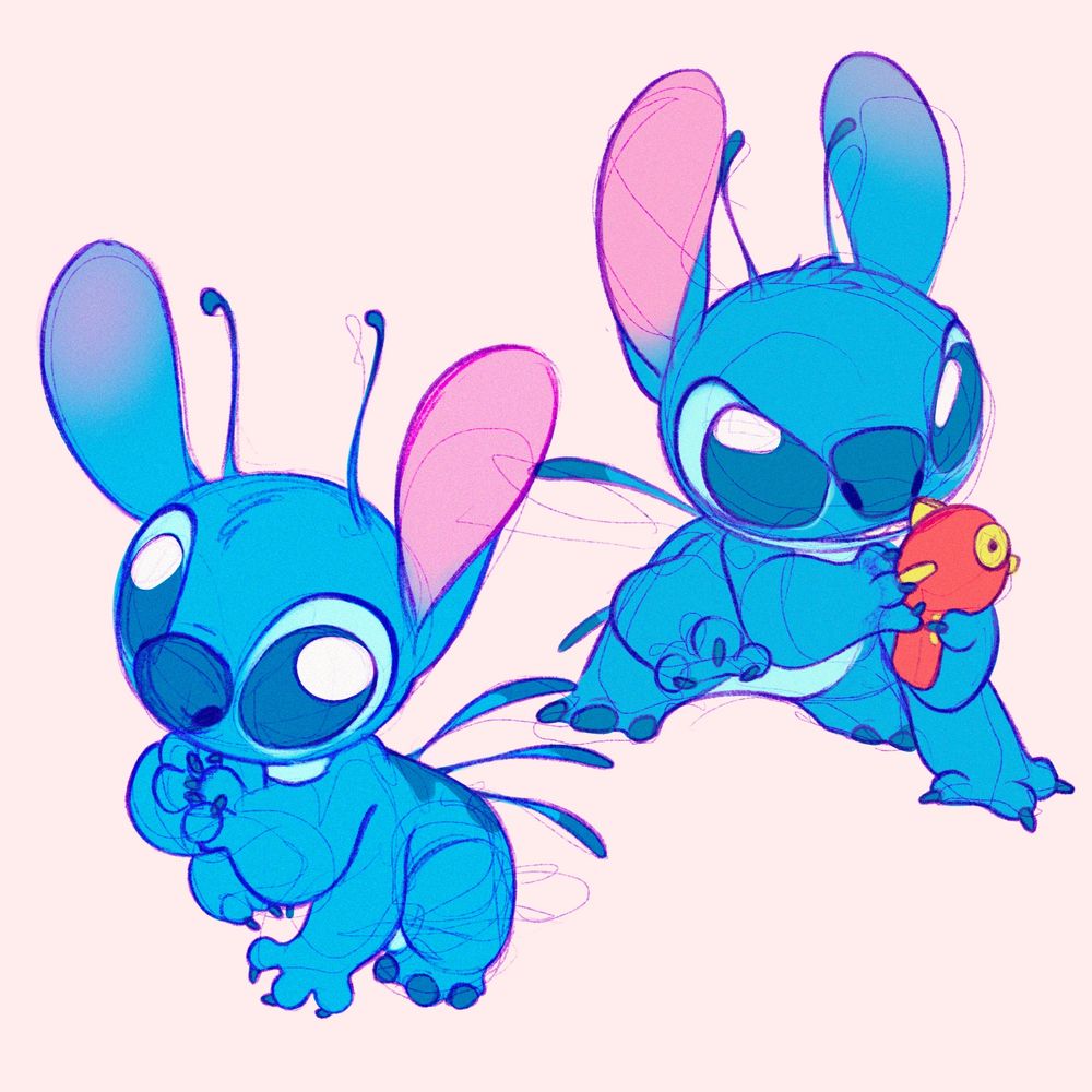 two digital sketches of Stitch in his true alien form from the original animated movie.