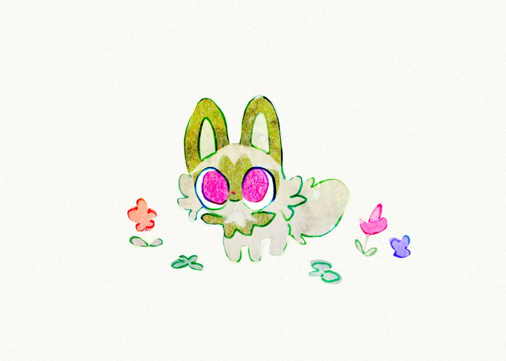 A drawing of sprigatito, illustrated using water-color-like textures, smiling at you. They are surrounded by a few colorful blooms.
