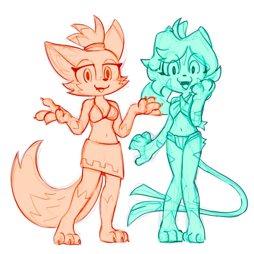 a sketch of a happy anthro fox and cat, both wearing cute dainty swimwear.
