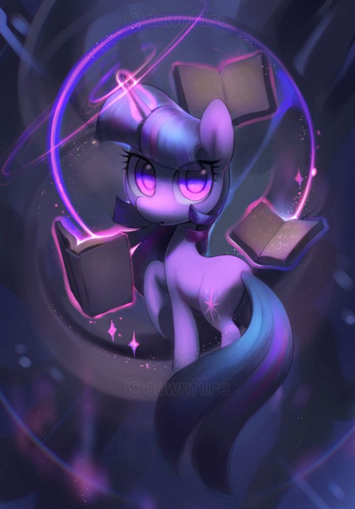 digital artwork of twilight sparkle surrounded by purple magical aura levitating three open books
