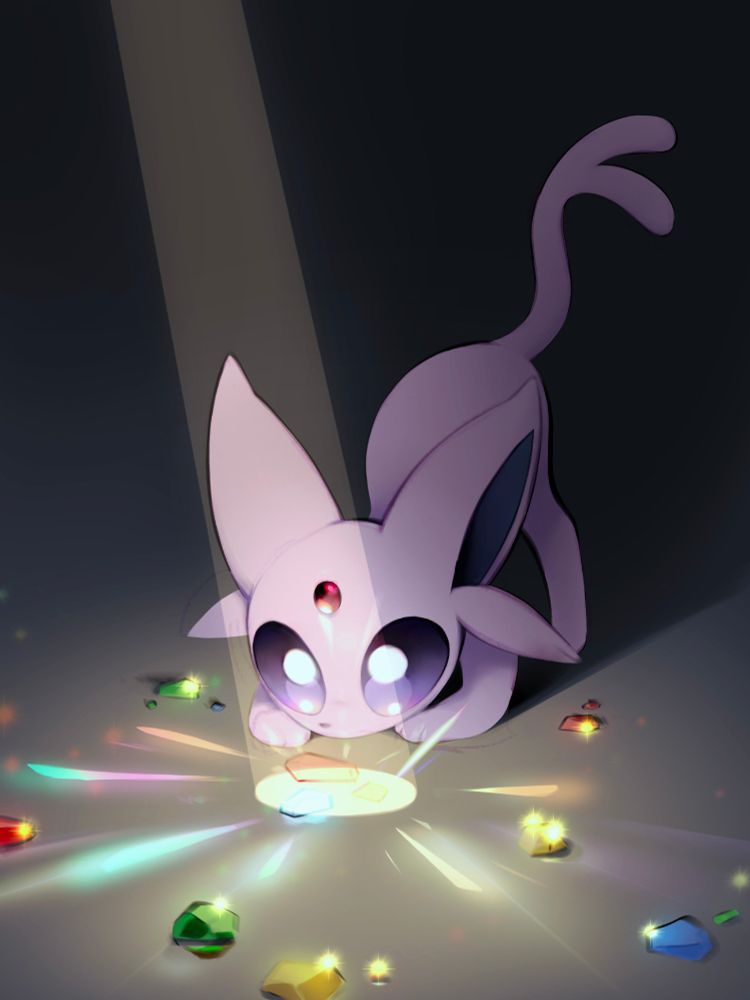espeon eyes some brightly glittering stones on the ground.