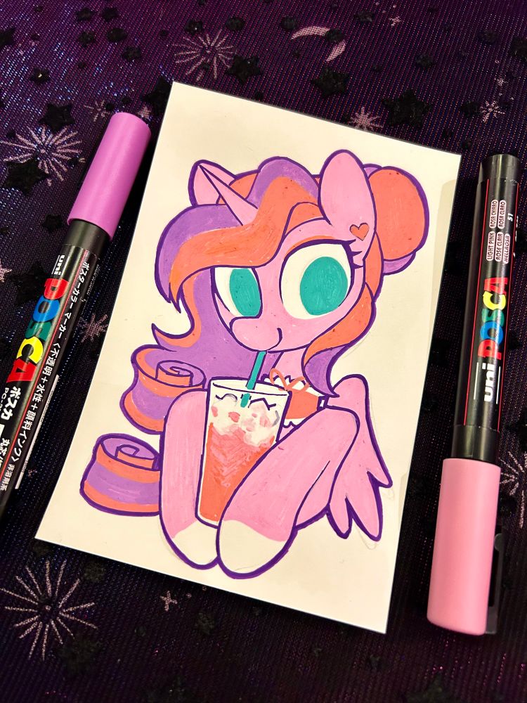 A posca marker illustration of a pastel pink pony drinking pink lemonade out of a glass