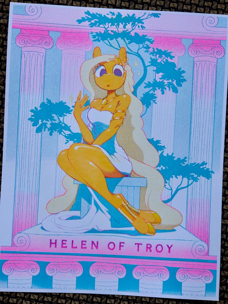 a pink, yellow and cyan risograph of anthropomorphic horse lady Helen of Troy