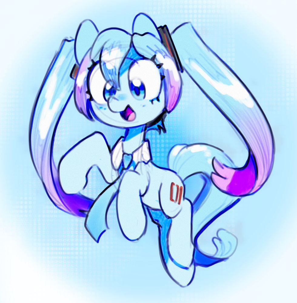 digital artwork of Miku as a My Little Pony character, she's floating in the middle of the canvas and smiling at the viewer.