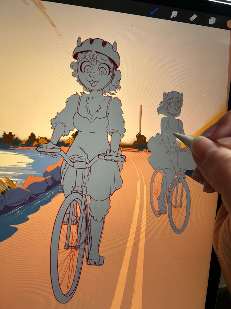 WIP digital artwork featuring two anthro furry characters riding bikes along the ocean at sunset.