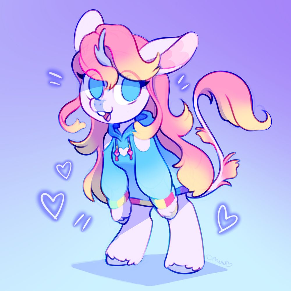 a happy pastel rainbow anthro unicorn: she wears a rainbow hoodie, her hooves propped against her knees as she smiles at the viewer.