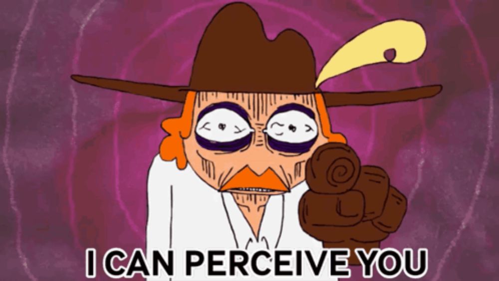 a cartoon character says i can perceive you with a purple background