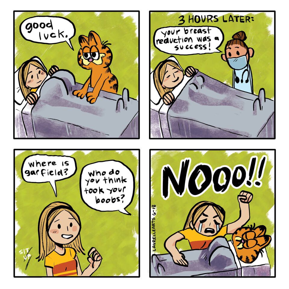 Panel 1 : Garfield saying good luck to a person going into surgery for a breast reduction

Panel 2: 3 hours later the surgeon says to to the patient your breast reduction was a success 

Panel 3: the patient asks “where is Garfield?” The sugeon “who do you think took your boobs?”

Panel 4: standing over the surgery bed of Garfield with enlarged breasts the patient cries to the world “Noooooooo!”

Is Garfield dead, or finding a new life with back problems? We may never know

Comic by lavrellarts