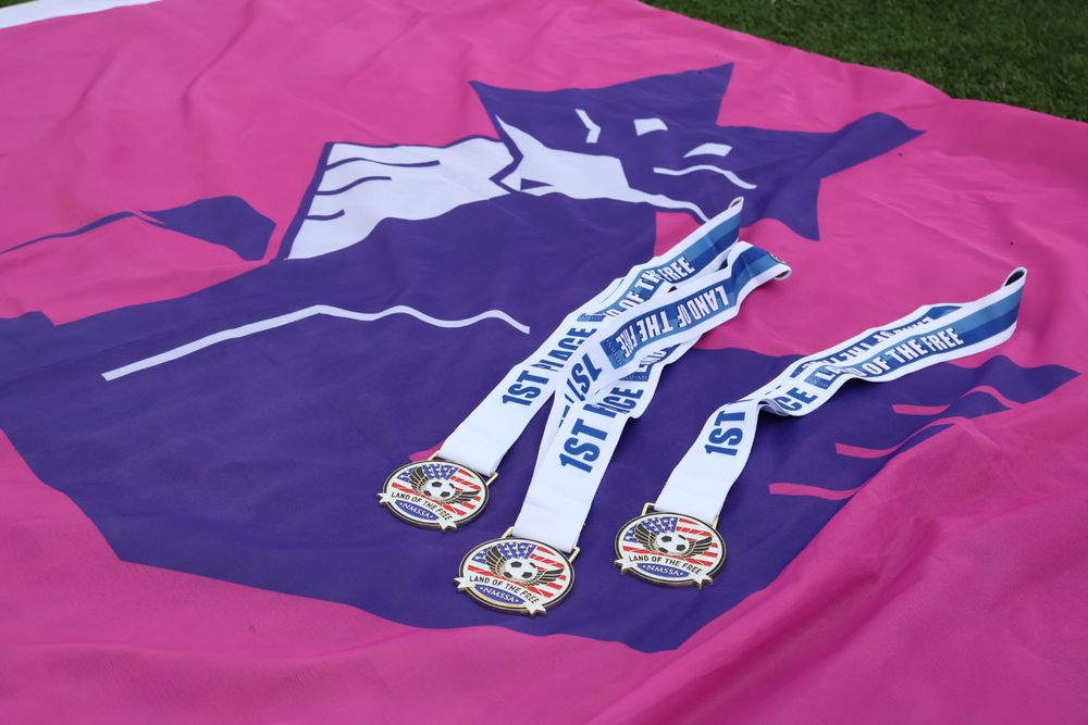 Flag with a purple fox on it with three first place medals on it
