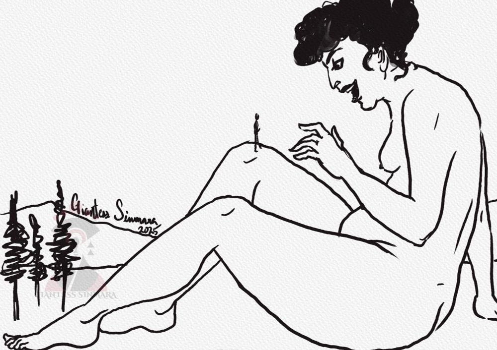 black and white drawing of a giantess reclining nude with some trees near her feet. a small man stands on her knee. he is featureless silhouette with an erection. the giantess has black curly hair and laughs at the tiny man.