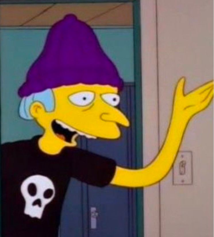 Mr. Burns from The Simpsons (a very old man) dressed up as Jimbo Jones (a teenager). 