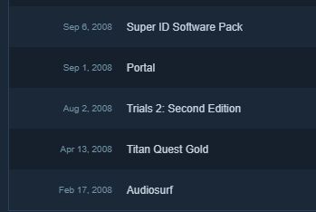 My first 5 steam purchases: Audiosurf, Titan Quest Gold, Trials 2, Portal, and the Super ID Software Pack which at the time was Quakes 1 - 3, Doom 1 - 3, Heretic, Hexen 1 and 2, Commander Keen 1 - 6, Castle Wolfenstein and Return to Castle Wolfenstein.