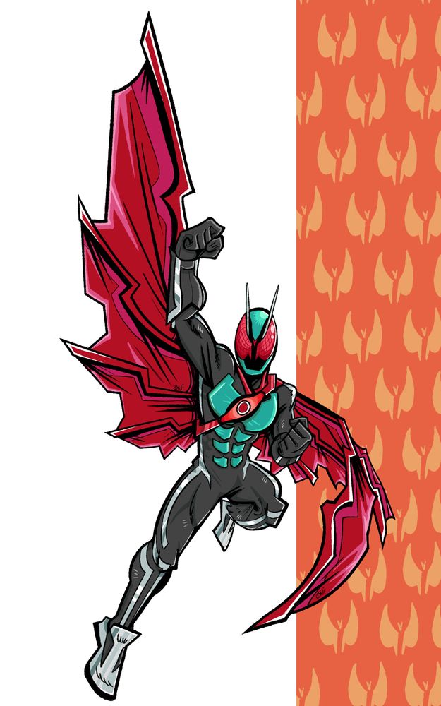 a drawing of Kamen Rider Zeztz in his flying capsule form that has red jagged wings