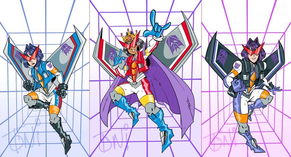3 of the Seekers from the Transformers franchise, from left to right, Thundercracker, Starscream and Skywarp
They're sporting designs inspired by the Bishoujo statues of these characters, but heavily modified to have costumes inspired by racing outfits and wearing red pointed sunglasses (and Starscream has her coronation crown and cape)
Behind each of them is a 3D grid pattern set upon a white background, with a soft coloured gradient coming in from the bottom of the screen