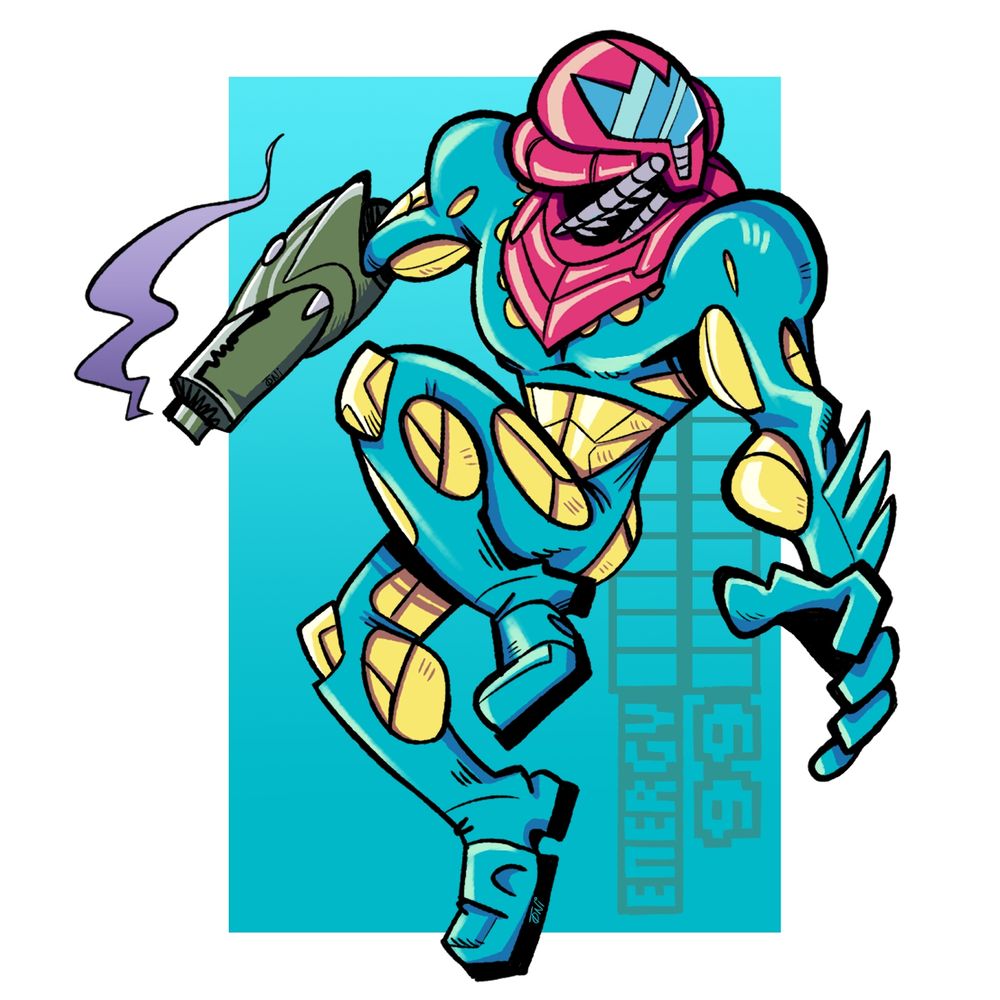 a drawing of Samus Aran in her power suit from Metroid Fusion striking a pose mid-air while looking off to the side. There's smoke coming outta the barrel of her arm cannon.