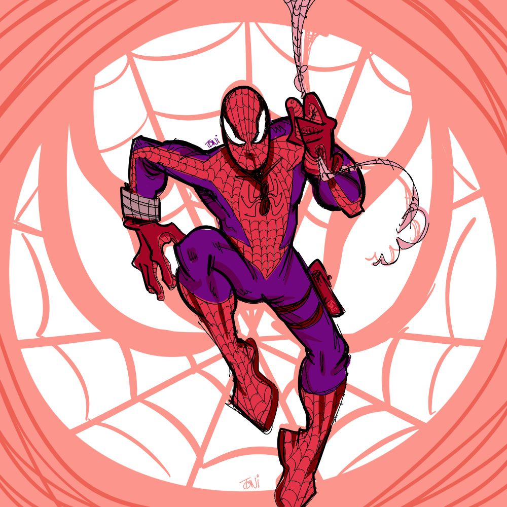 spider-man hanging off a webline with a spider-signal inspired background