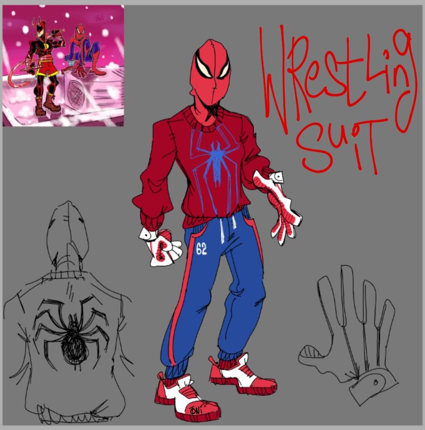 Spider-Man in a homemade wrestling outfit consisting of a web-less mask, red sweatshirt that had a blue spider, blue sweatpants, white gloves and sneakers