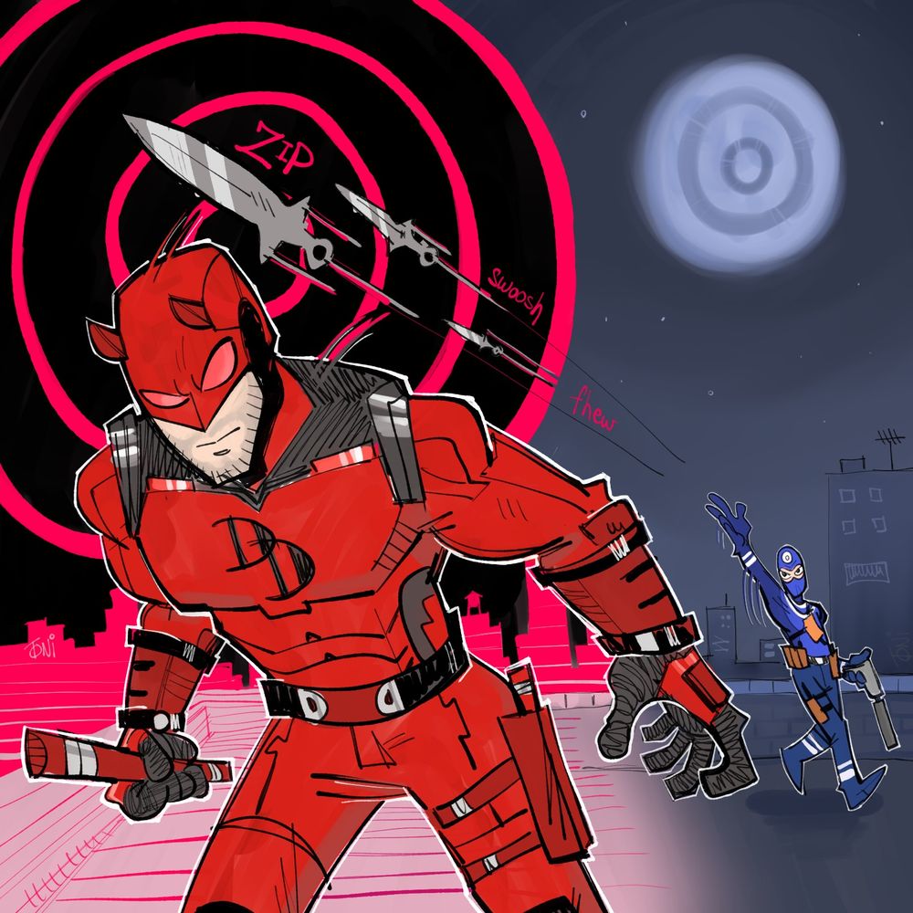 A drawing of Daredevil/Matt Murdock and Bullseye/Benjamin Poindexter, inspired by their looks in the Disney+ show Marvel's Daredevil Born Again, sporting minor changes such as their comic symbols
They're both standing on a rooftop in New York City, a full moon is seen in the sky with dark circles in it giving it the look of a target, Bullseye emblem
Bullseye, holding a silenced pistol, is seen throwing knives at Daredevil, but Matt's enhanced senses go off in got pink and deep black colours, alerting him to the knives leading him to duck down to avoid them