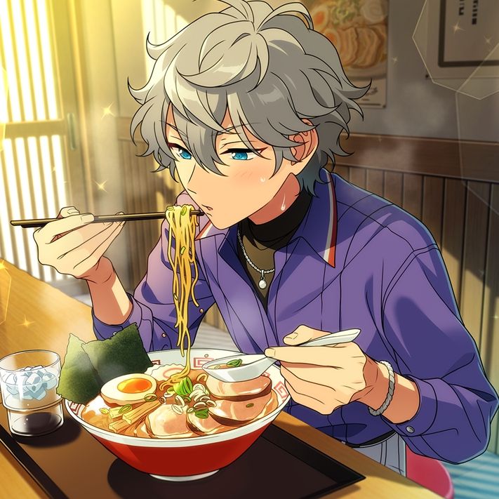 izumi sena from ensemble stars unbloomed from his seeker gacha card, he is sitting at a restaurant eating ramen