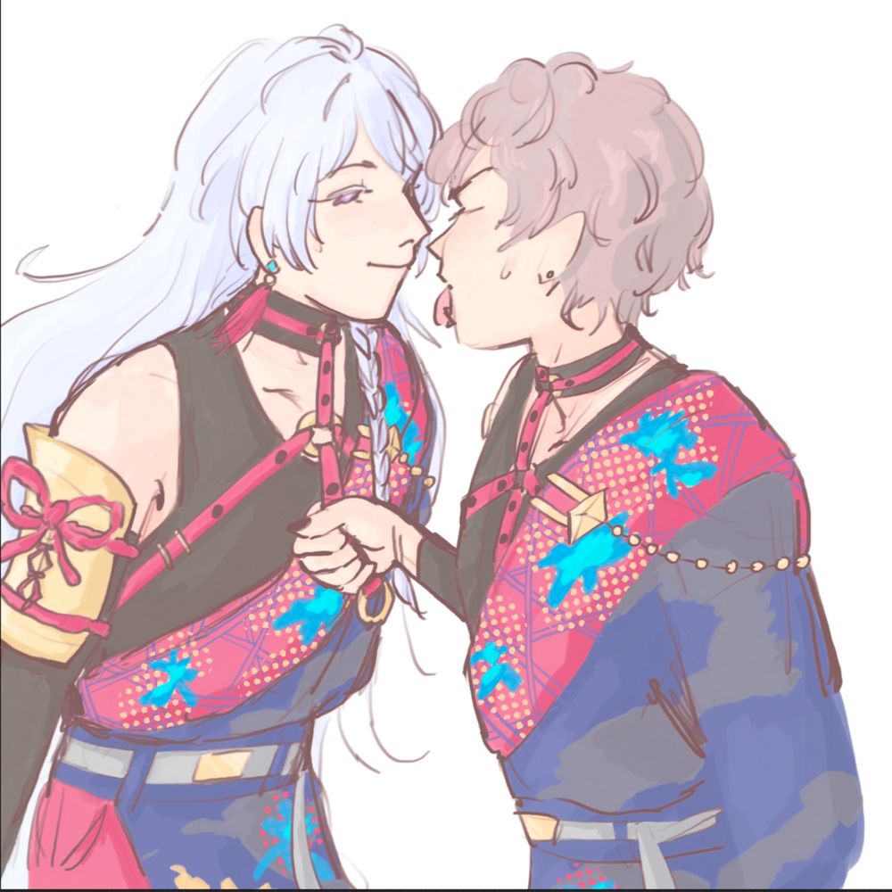 drawing of izumi sena and wataru hibiki from ensemble stars wearing their outfits from vs audience. sena is pulling wataru towards him by the harness, with his eyes shut and tongue out, and wataru looks fond and delighted