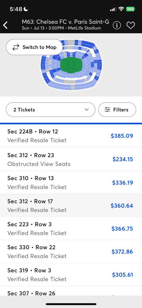 Screenshot of ticket prices starting at almost $400