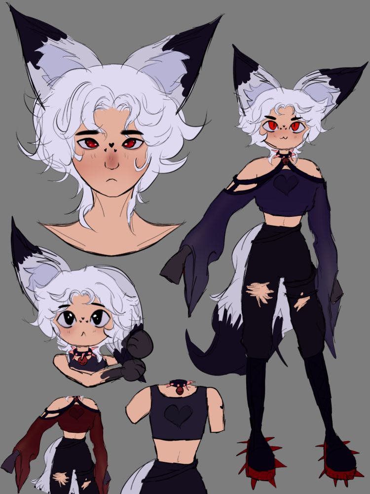 my character with shortish white hair, red eyes, white with black tipped fox cat ears and tail, 3 hearts on his face, black choker with red spikes and a bell, black and red boots. theres 3 different versions for his shirt. one is dark purple with long sleeves that hang off his shoulders and a heart in the middle, 2nd is a binder looking shirt with a heart and is the same colors as the first one, 3rd is the same design as the first but in the color red. theres 1 full body, 1 head, and 1 chibi of the head, shoulders and hands.