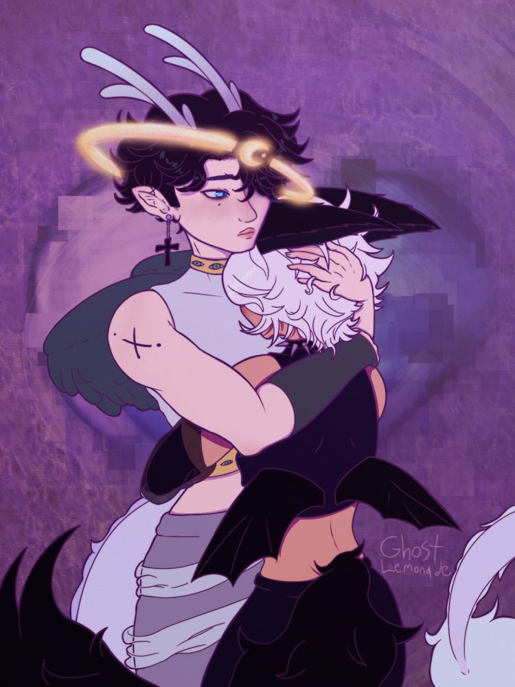 life and death hugging each other but lifes not wearing his hat and deaths eyes are now blue