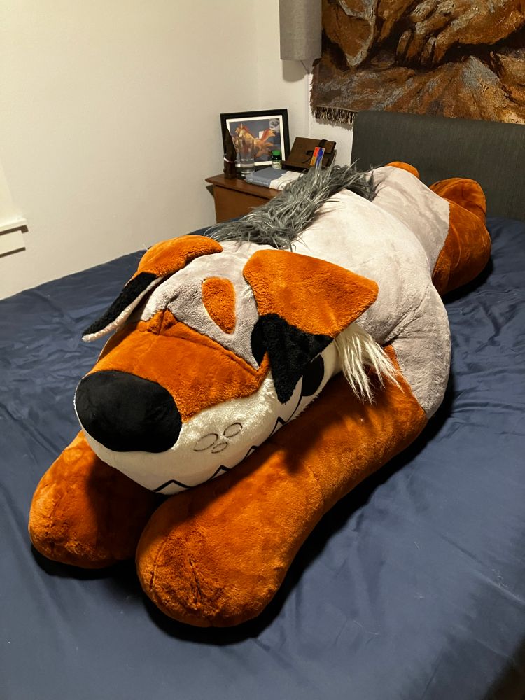 The same 6 foot coyote plush, having visibly bulked up. And still as toothy as ever!