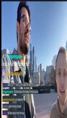 A screenshot of a livestream featuring two guys that look like Hasan Piker and Austin show.  The image has a warped aspect ratio