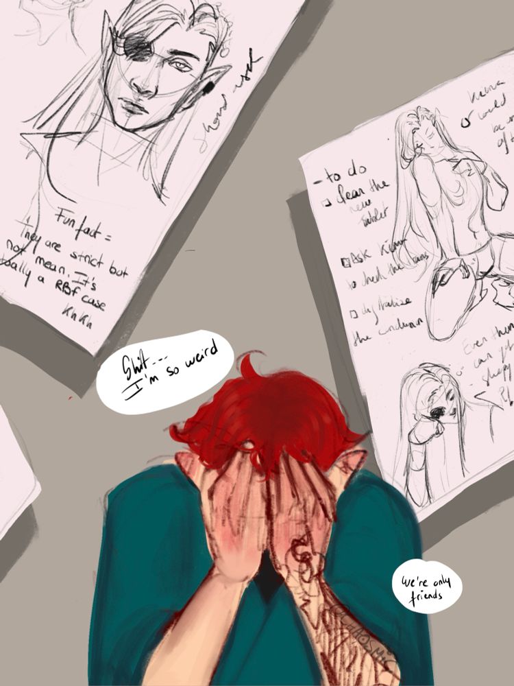 Shini, my oc, facing toward us and hiding his blushing face.  Behind him, a few papers with two oh them with doodles of Kiema ans some random stuff written: « fun fact: they are strict but not mean, it’s actually a RBF case khkh » close to a portrait. 

Close to shini, two speech bubbles : shit, I’m so weird. We’re only friends 