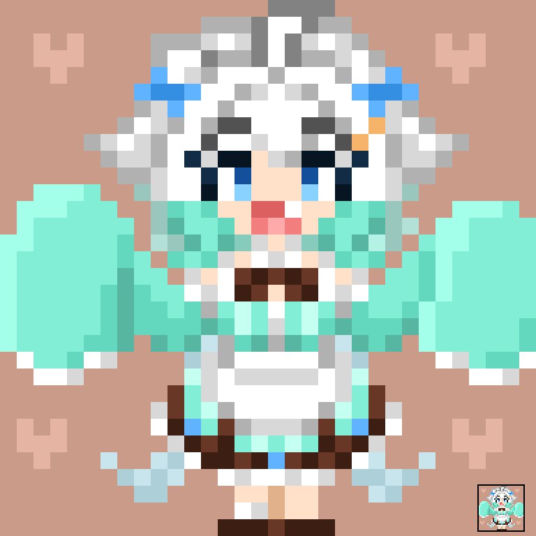Pixel art of virtual youtuber Mint Fantome with her sleeve covered hands raised and a smile on her face
