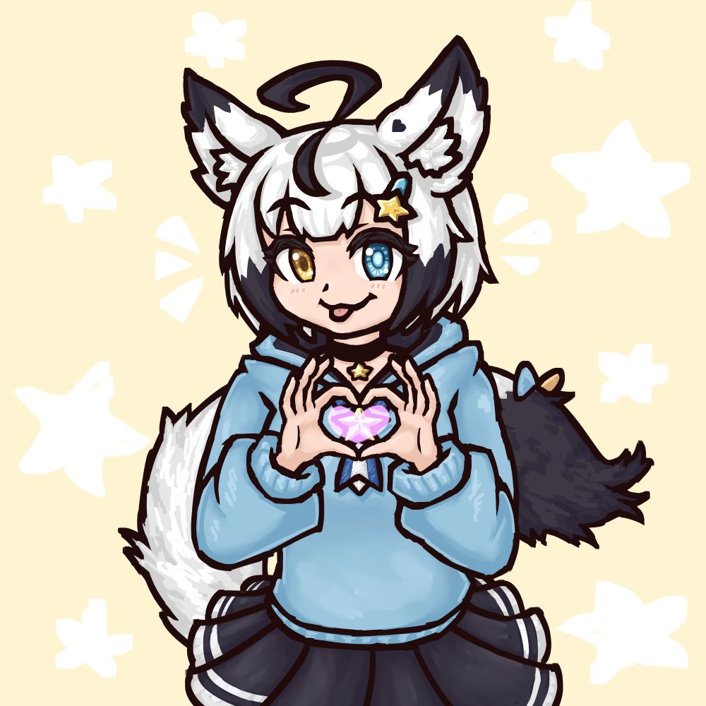 Drawing of lyriasshin's character persona with her tongue out and doing a heart sign with her hands
