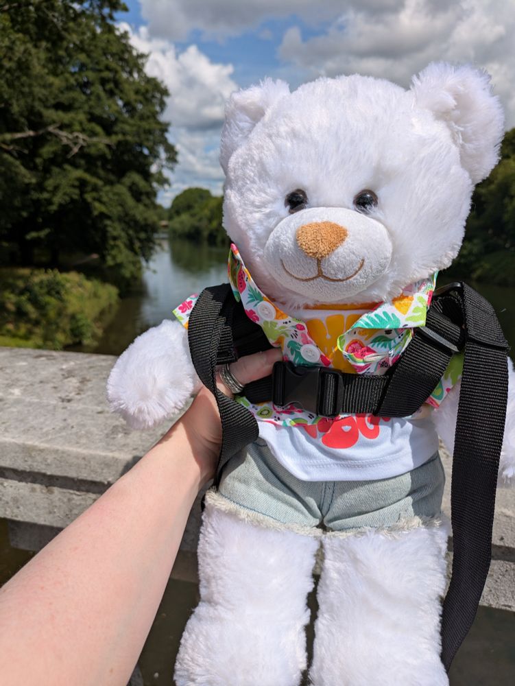 Build A Bear Lil Marshmallow Cub dressed in a summer outfit in front of the River Taff. She is wearing a harness so she doesn't fall in.