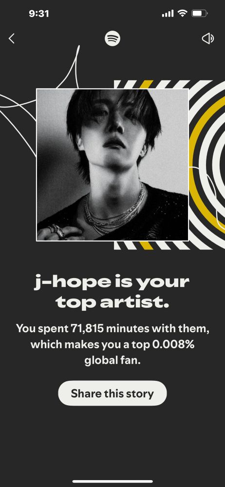 A screenshot of a Spotify wrapped for the year 2025. It says J Hope is your top artist you spent 71,815 minutes with them which makes you a top 0.008% global fan.