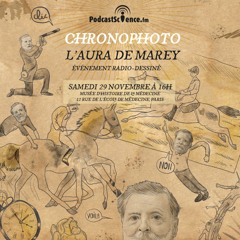 Affiche réalisée par Puyo pour la radio dessinée de podcastscience.fm intitulée chronophoto : l’aura de Marey samedi 29 novembre à 16h au musée de l’histoire de la médecine 12 rue de l’école de médecine à Paris. Des portraits de Marey sont collés sur des dessins de personnages en mouvement.